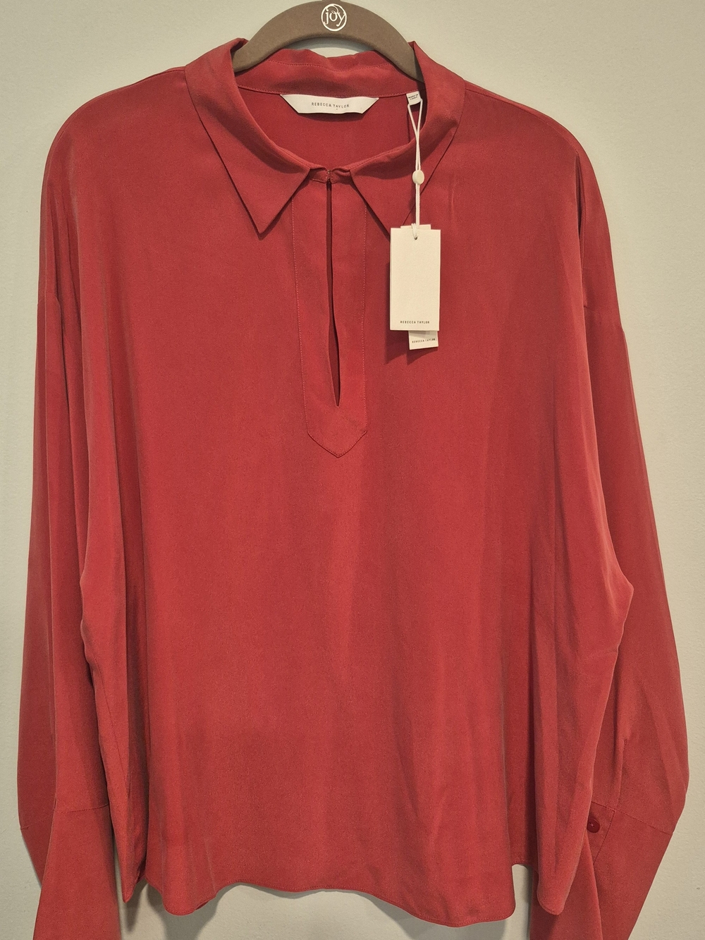 100% Silk Soft Red Rebecca Taylor Essential Blouse with Keyhole Neck